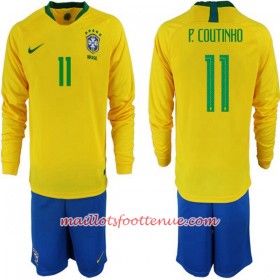 Maillot/Tenue Brésil P. Coutinho 11 Enfant Domicile Coupe du monde 2018 Manche Longue